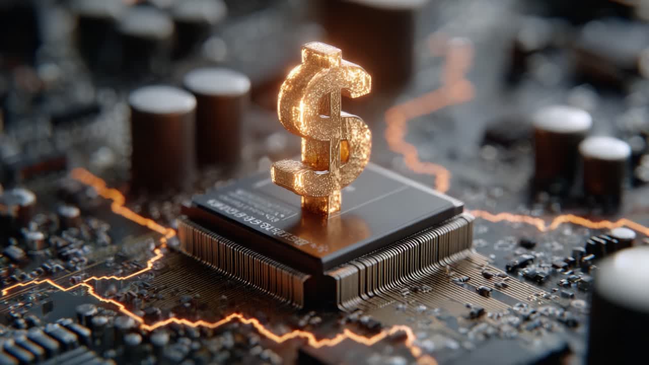 A Glimmering Dollar Sign on a Circuit Board, Symbolizing the Intersection of Technology and Finance with Dynamic Illuminated Connections