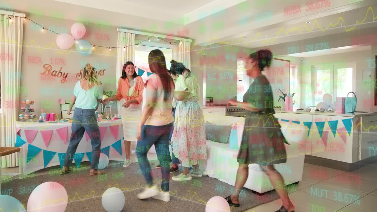 Guests entering, women greeting, handing gift bags by baby shower banner, celebrating mom-to-be