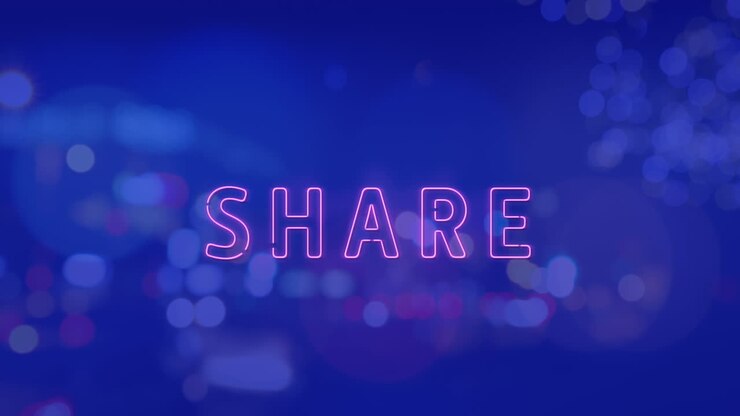 Animation of share neon text banner against night city traffic