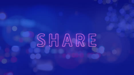 animation of share neon text banner against night city traffic