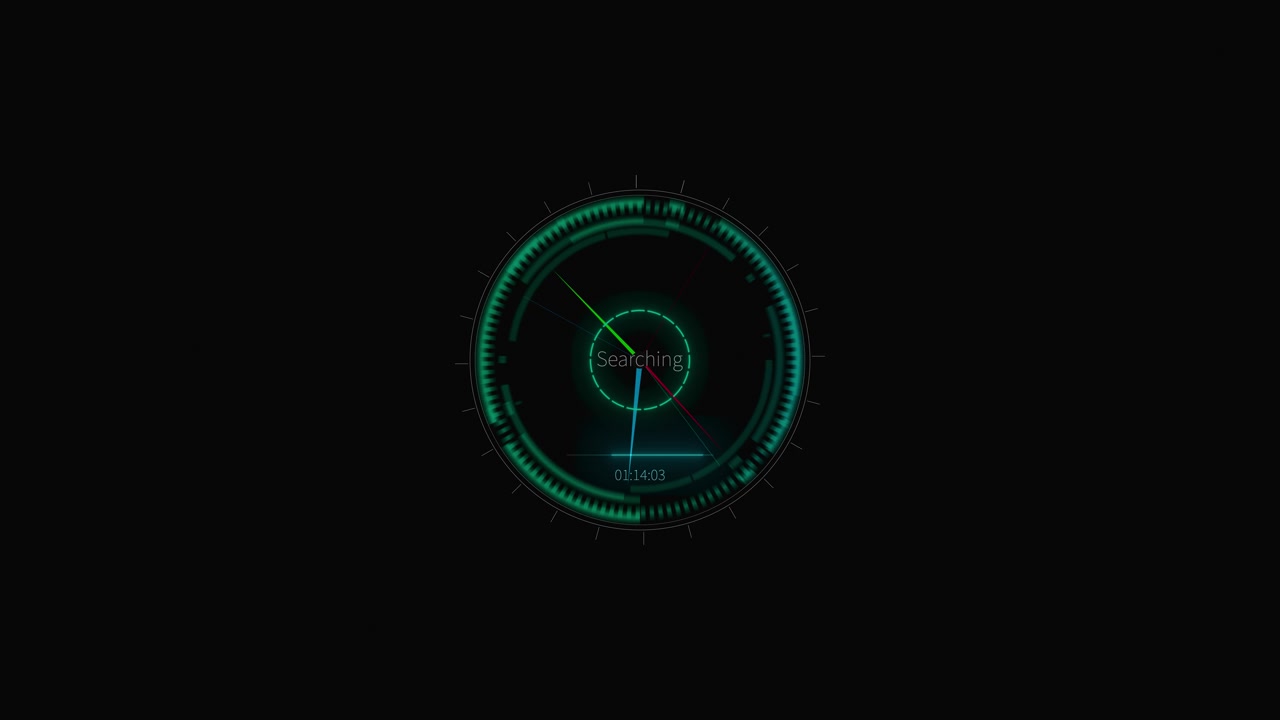 Sfondo HUD radar di ricerca verde con interfaccia scanner circolare, linee di scansione rotanti, scuro e vuoto.