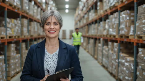 smiling businesswoman overseeing operations in a warehouse