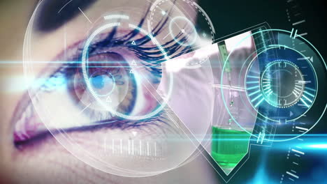 animation of digital interface and clock over woman's eyes