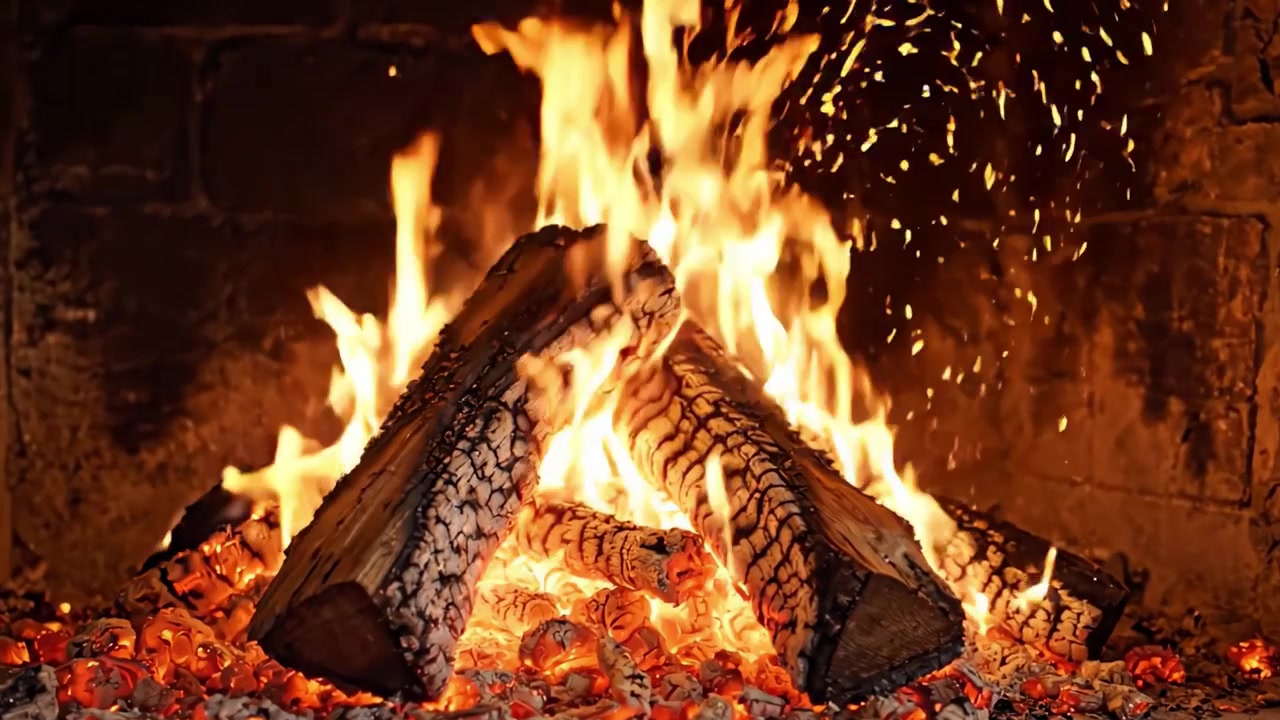 Il caldo bagliore di un accogliente caminetto: i ceppi scoppiettano e bruciano, creando uno spettacolo affascinante di fiamme e braci in un ambiente rustico.