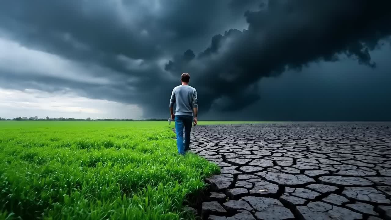 A man walking across a dry, cracked field under a stormy sky
