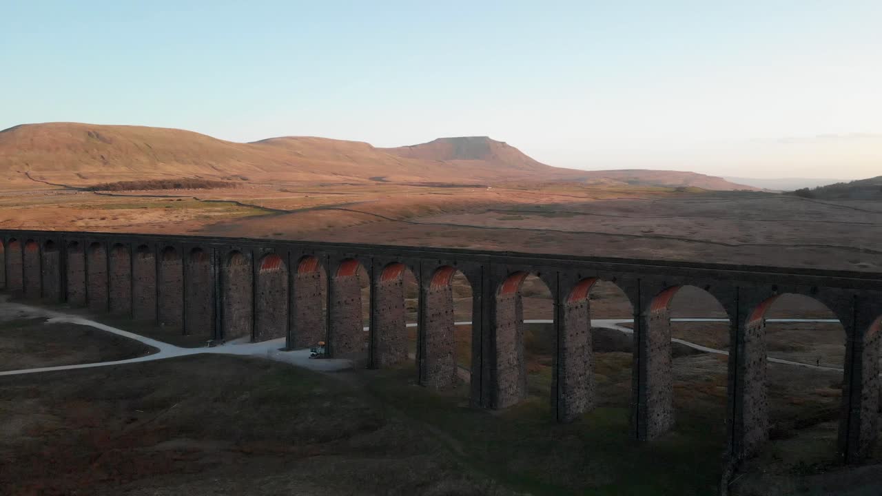 Aerial view of the Ribblehead Viaduct. Flying towards the viaduct