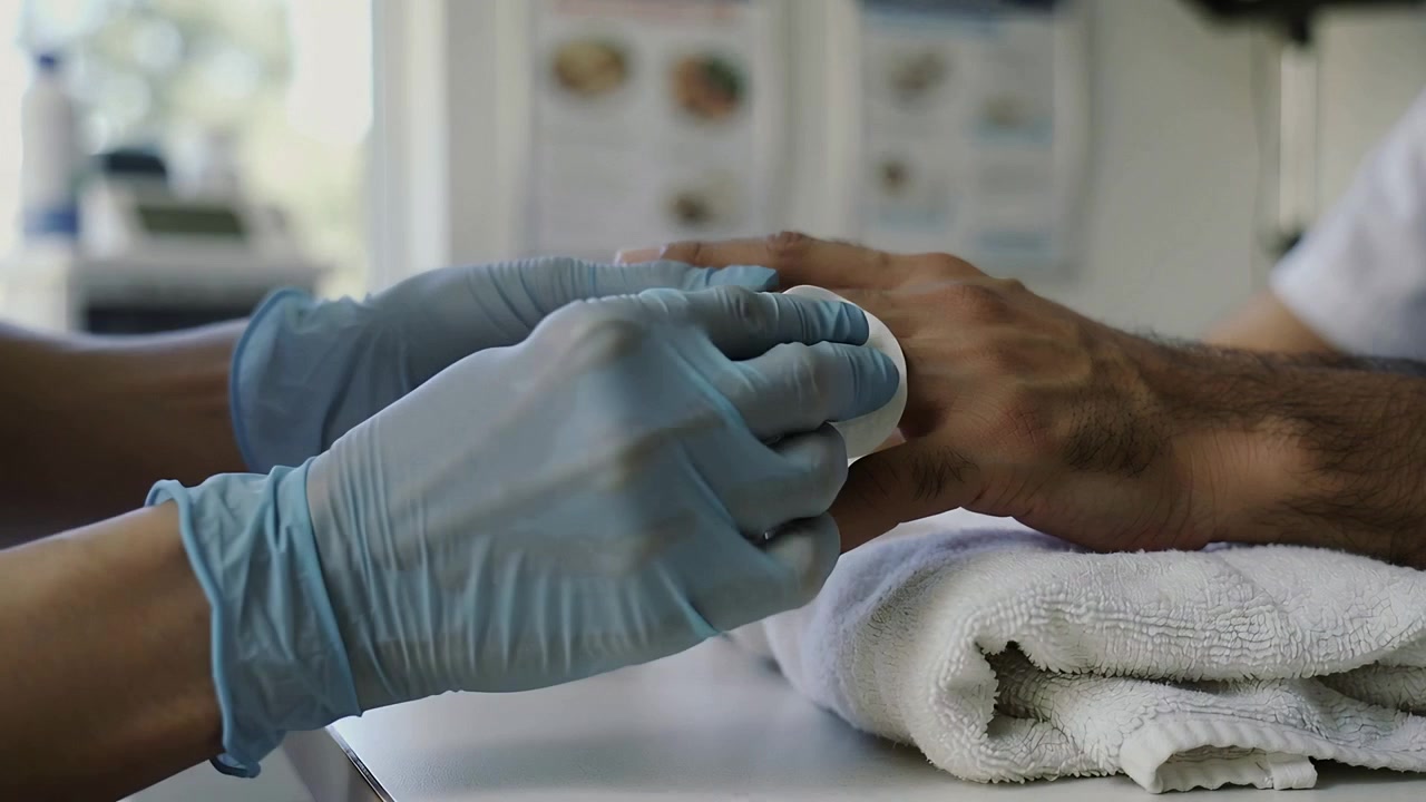 Gloved clinician cleaning patient's finger at exam counter after offering finger using cotton pad