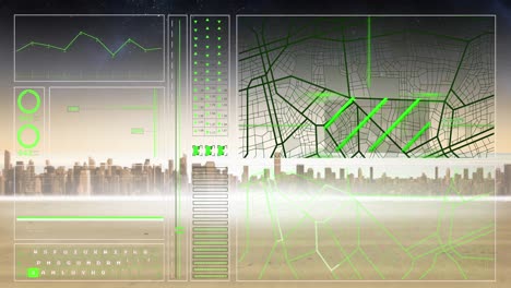 Animation-of-screen-with-data-processing-over-cityscape