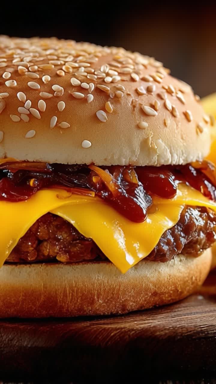 Deliciosa hamburguesa con pan de semillas de sésamo, carne jugosa, queso fundido y una rica salsa barbacoa capturada en una imagen para deleitar tu paladar