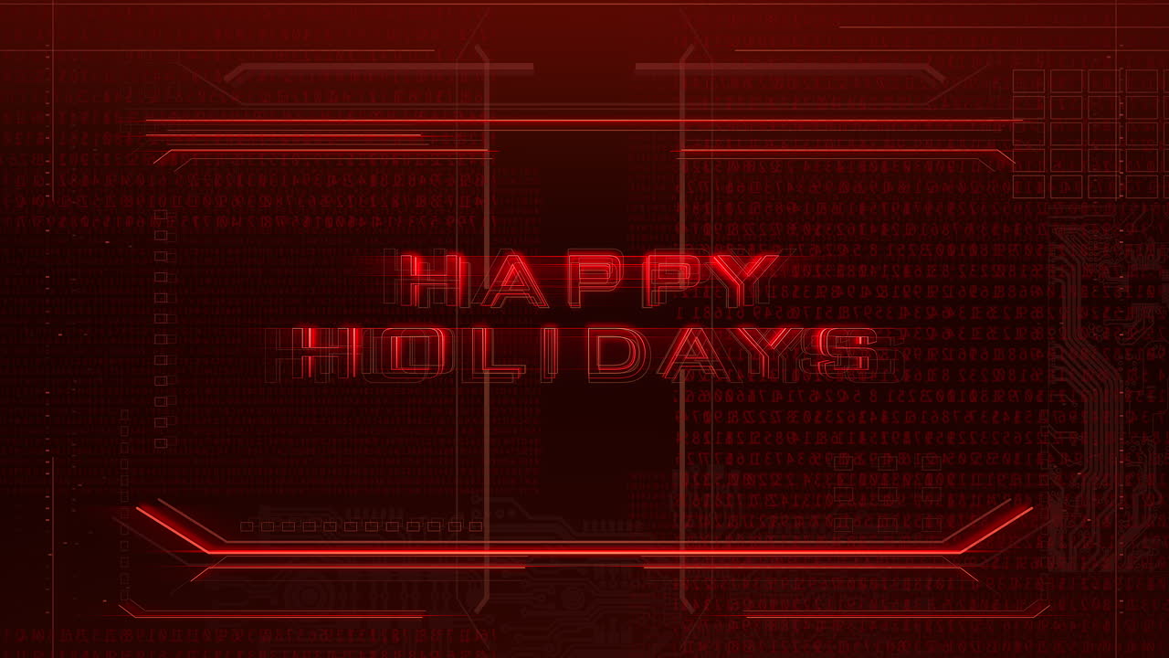 Festive red background with neon Happy Holidays message