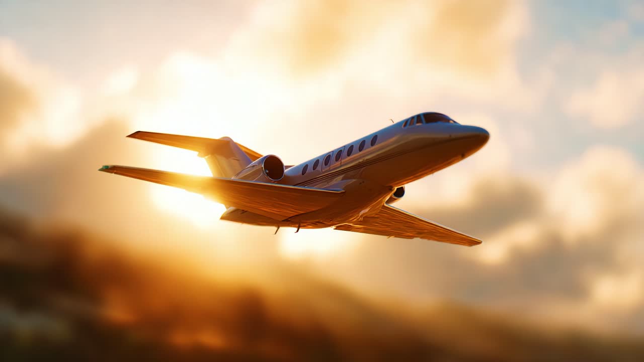 Um jato particular corta o céu contra um belo pôr do sol, mostrando a aviação de luxo e a liberdade em movimento
