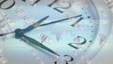 animación de billetes de dólares estadounidenses flotando con el mapa del mundo y el reloj en el fondo