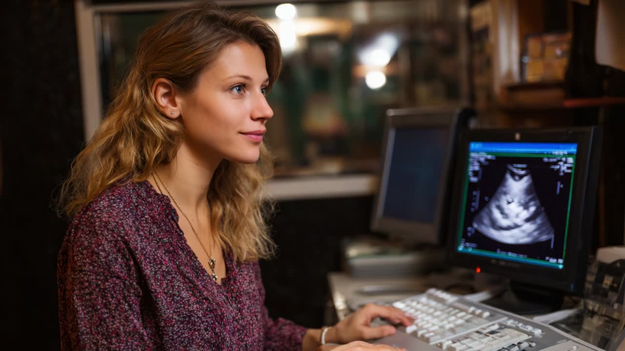A focused healthcare professional attentively operating ultrasound equipment while analyzing a patient's imaging results, showcasing the critical role of technology in modern diagnostics and patient care
