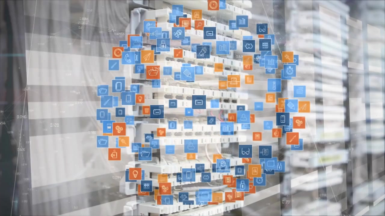 Animation af globus lavet af ikoner, der bevæger sig over servere.