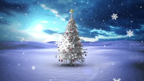 Snowflakes-icons-floating-and-snow-falling-over-christmas-tree-on-winter-landscape