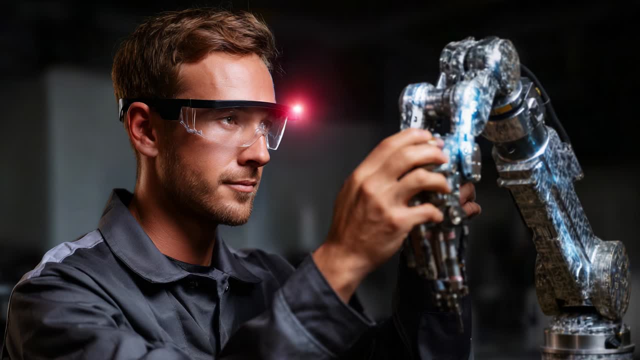 A skilled technician carefully inspects and interacts with an advanced robotic arm, utilizing augmented reality glasses to enhance precision and efficiency during a complex engineering task