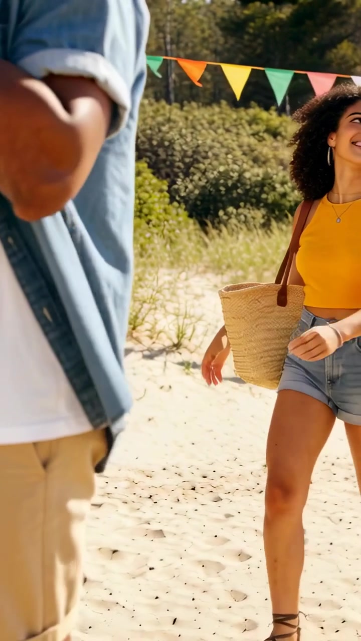 Video verticale: Coppia che cammina verso una donna con una borsa di tela in denim, vicino a festoni, con l'uomo al telefono.