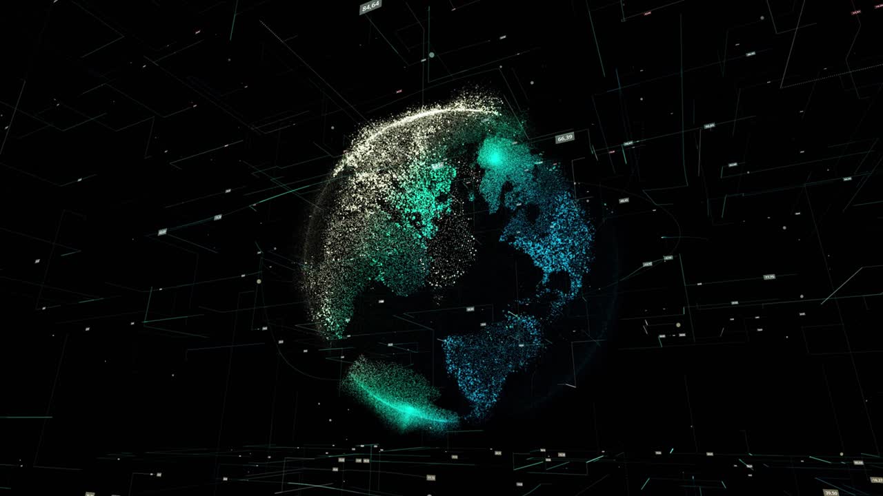 Glowing digital globe with lines and data points