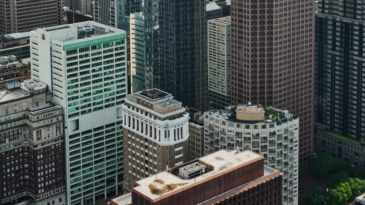 Drone view of downtown Philadelphia showcasing iconic skyscrapers