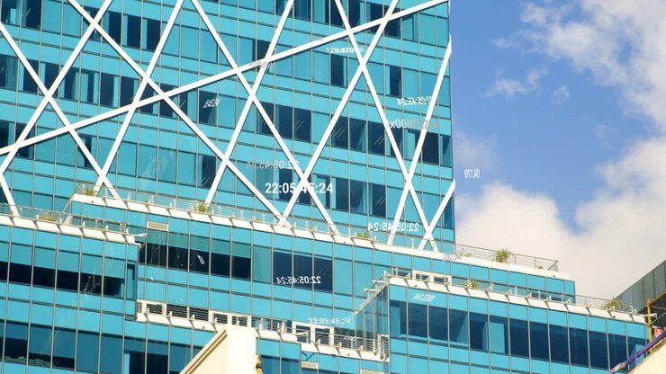 Bagliore del sole che illumina la torre di vetro olografico blu proiettando un globo rotante con tag numerici che mostrano i dati