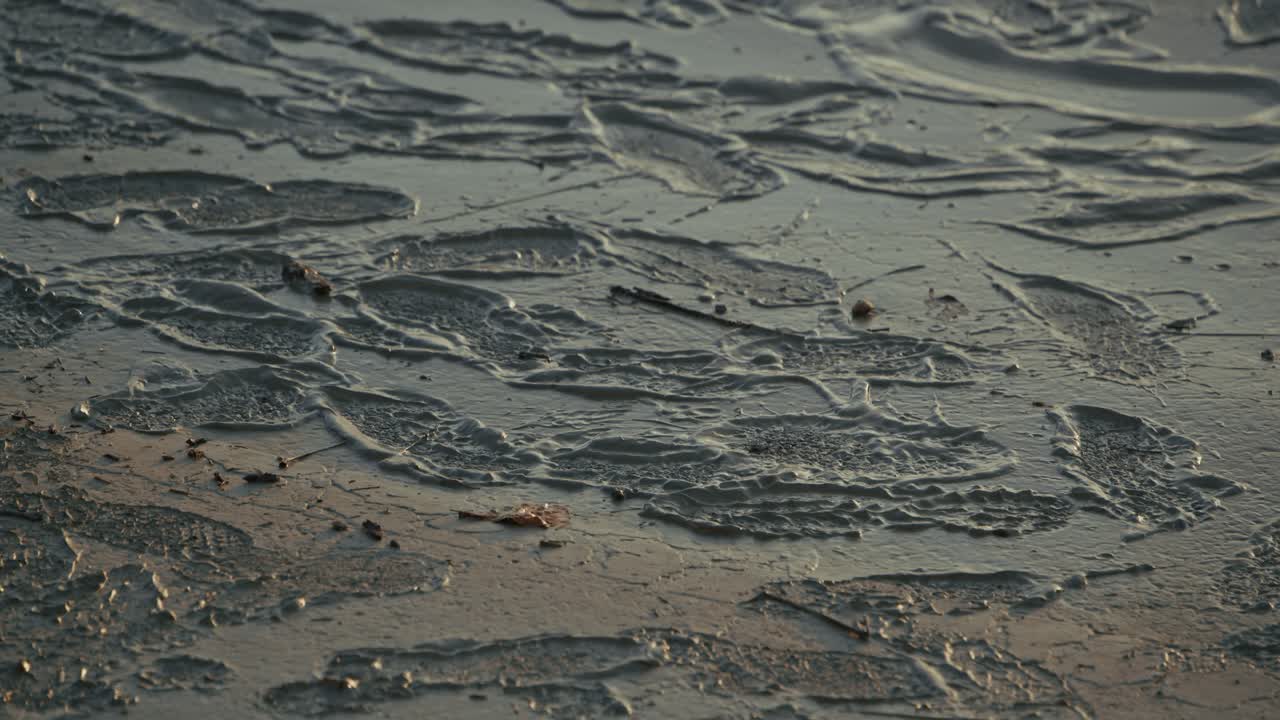Close-up of cracked mud patterns left by receding floodwaters, Budapest, Hungary