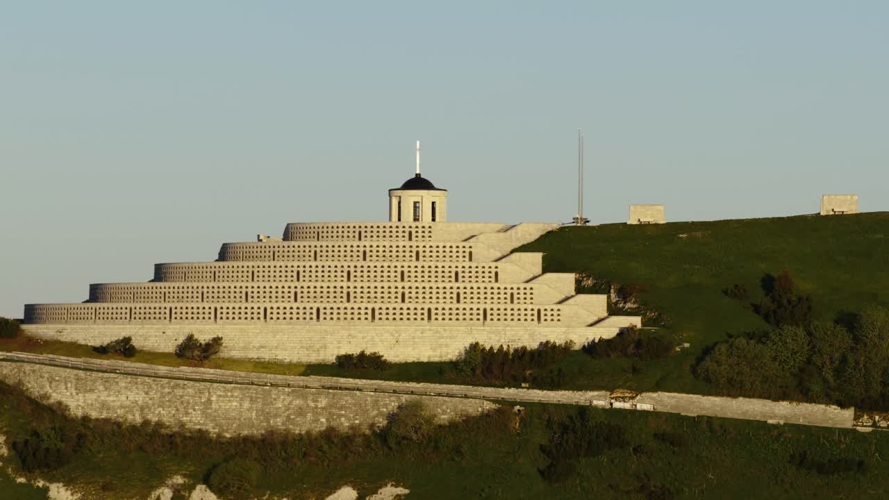 The Sacrario Militare di Cima Grappa, World War I Military Cemetery And Memorial Built Atop Monte Grappa In The Veneto Region Of Italy. Aerial Shot