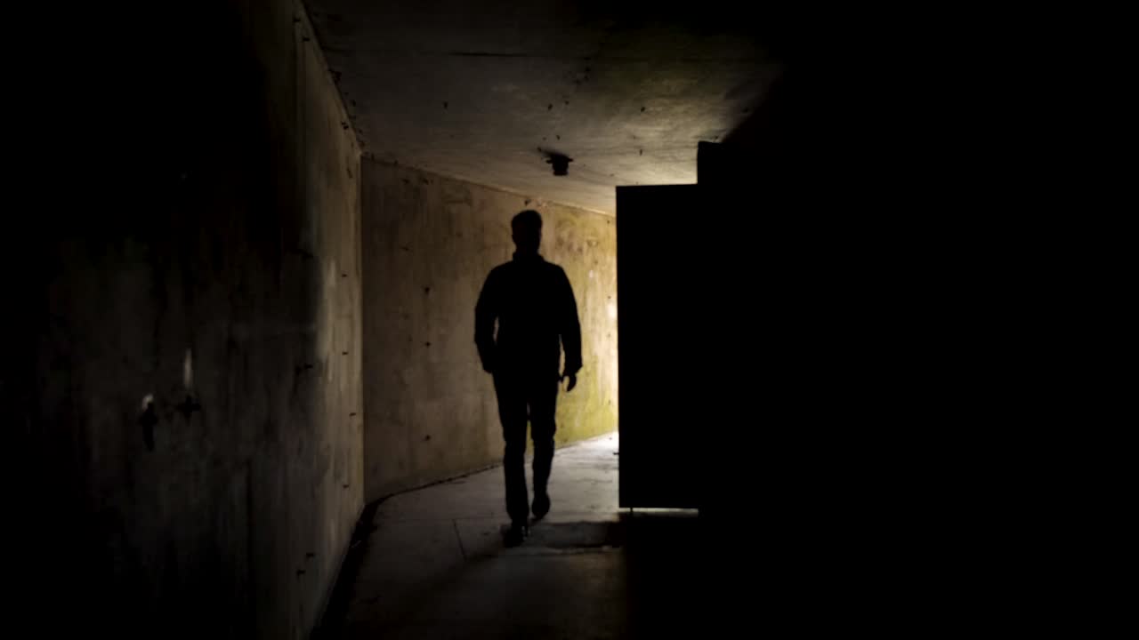 Silhouette of a Person Walking Through a Dark, Concrete Tunnel