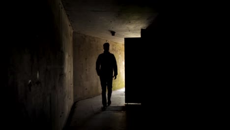 silhouette of a person walking through a dark, concrete tunnel