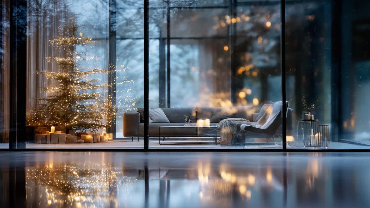 A Cozy Winter Evening Scene Captured Through Glass with a Beautifully Decorated Christmas Tree, Soft Lighting, and a Warm Inviting Atmosphere Perfect for Relaxation and Celebrating the Season