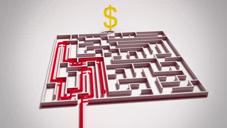 finding a route to money in a complex labyrinth. a conceptual animation showing that the way to realize financial dreams is curvy and complicated, but the patience helps to reach targets. hd