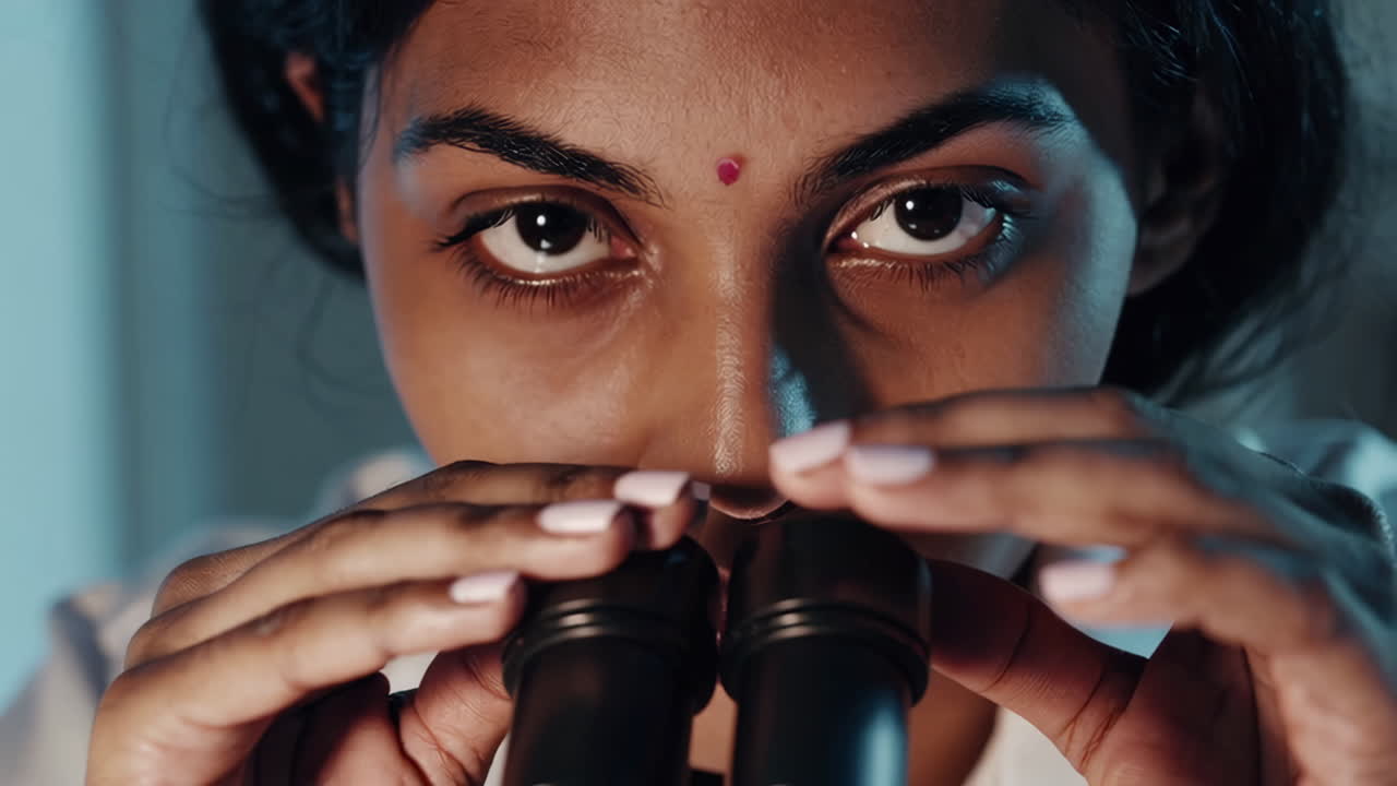 Close-up of a female scientist looking into a microscope