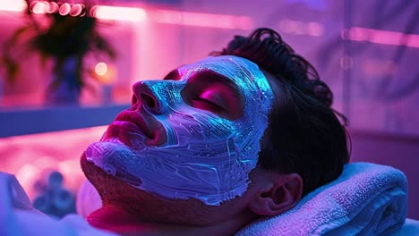 person receiving a facial spa treatment under vibrant neon lights