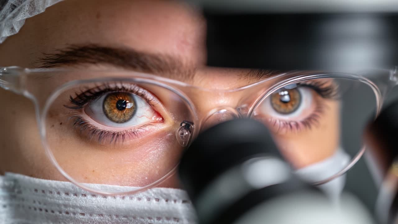 A Close-Up of a Scientist's Eyes Focused on the Microscope, Showcasing Intense Concentration and Detail in a Laboratory Setting