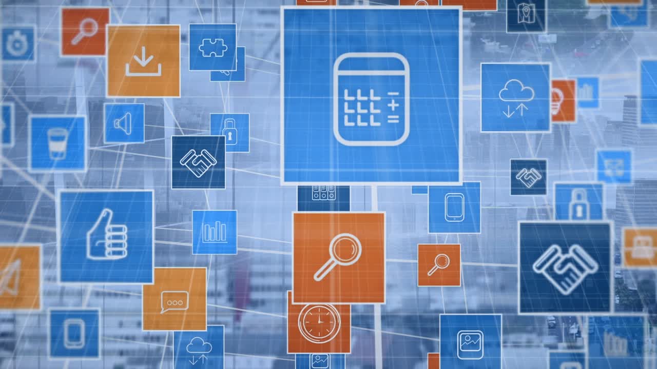 Animation of media icons over cityscape