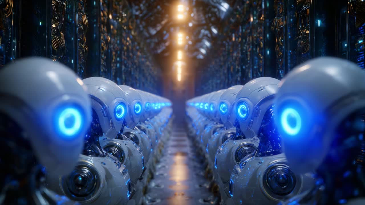 A mesmerizing assembly of futuristic robots lined in a high-tech corridor, showcasing their glowing eyes and intricate designs in a stunning digital environment