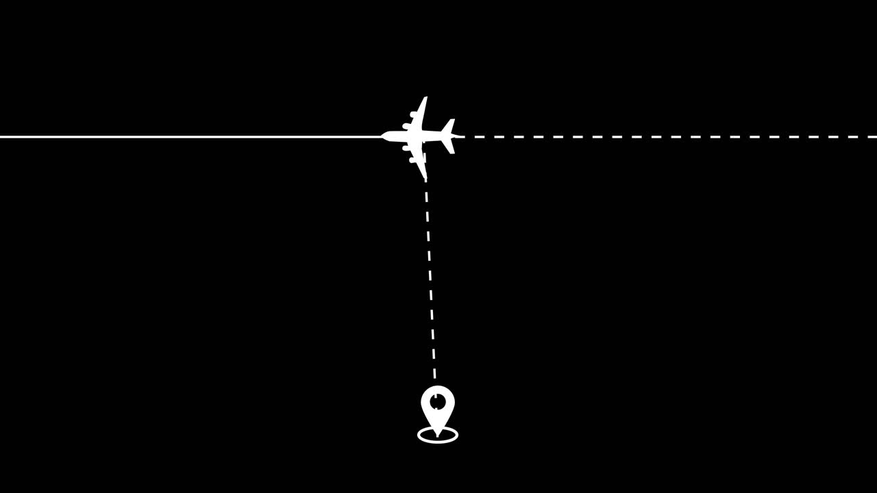 Minimalistická animace dráhy letadla s čárou od špendlíku polohy, izolovaná na černém pozadí