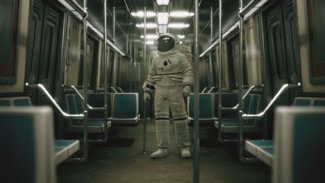 astronauta dentro del viejo vagón de metro no modernizado en ee.uu.