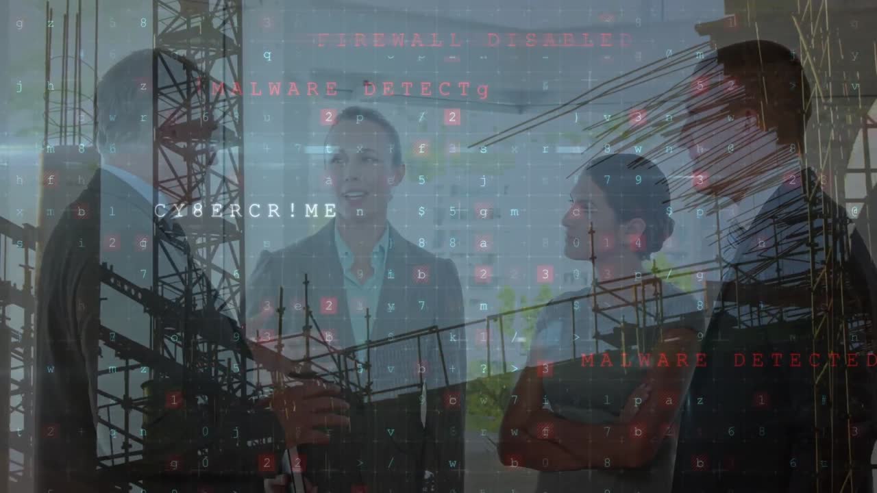 animación del procesamiento de datos sobre diversas personas de negocios y sitio de construcción