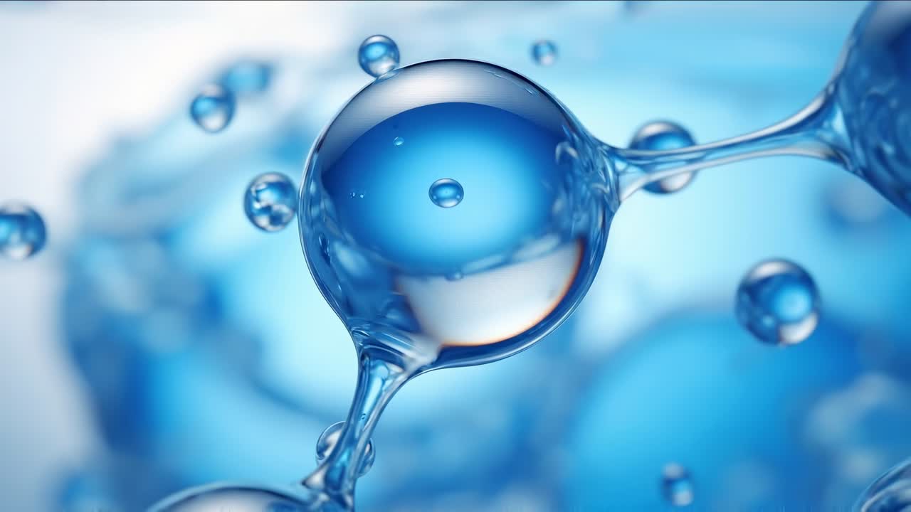 Video in primo piano di molecole d'acqua blu, che illustra un concetto scientifico dinamico