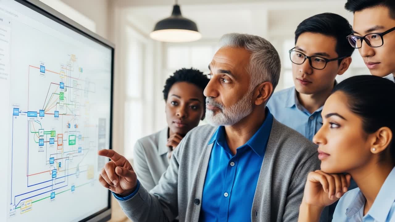 A group of professionals engaged in a collaborative brainstorming session, analyzing complex data on a digital display while discussing innovative solutions for project challenges and strategies