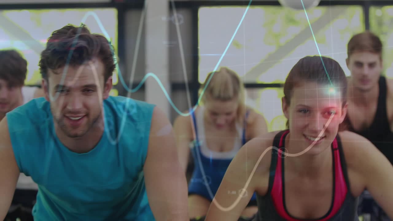 Vertical video: Front pair pedaling for fitness, camera pulling back, waveform pulsing with riders