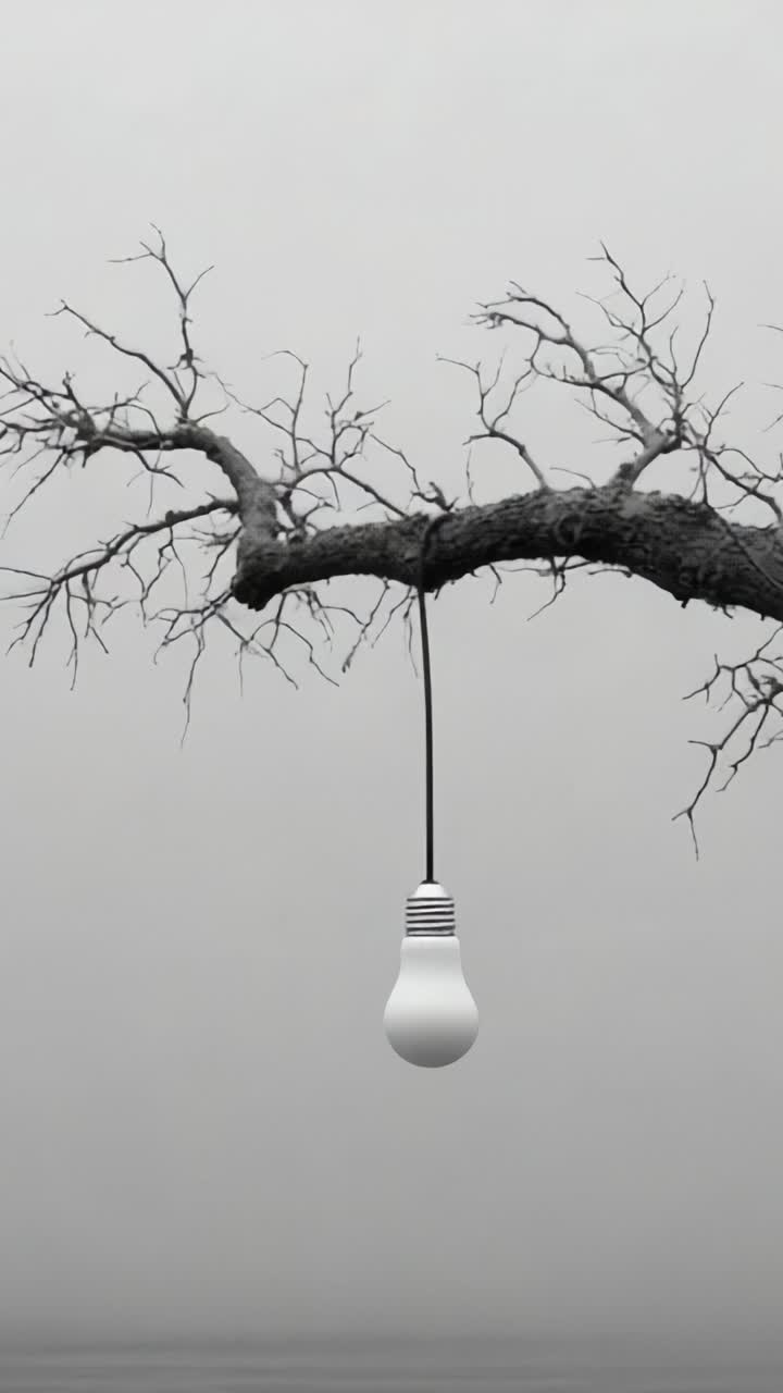Un contrasto sorprendente tra vita e luce: un ramo con una lampadina sospesa su un tenue sfondo grigio cattura l'essenza dell'isolamento e della riflessione