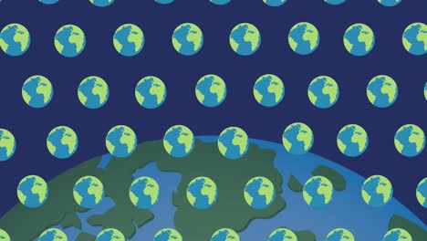 animation of globes moving over big globe on dark blue background