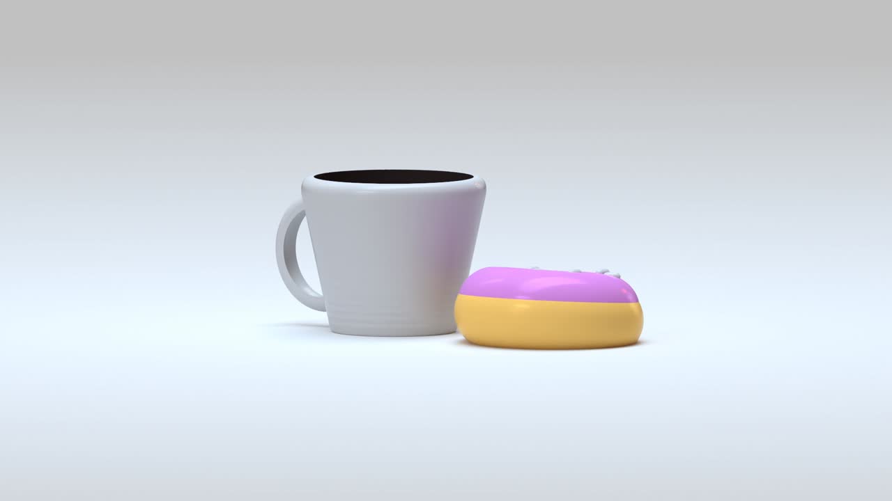 Rotating view of 3d models of a coffee cup with a strawberry donut in a 360 degree spin loop