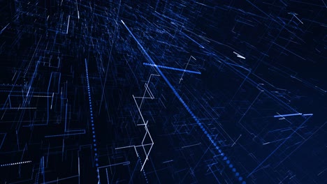 rapidly moving 3d network of connecting blue and white glowing lines on a black background