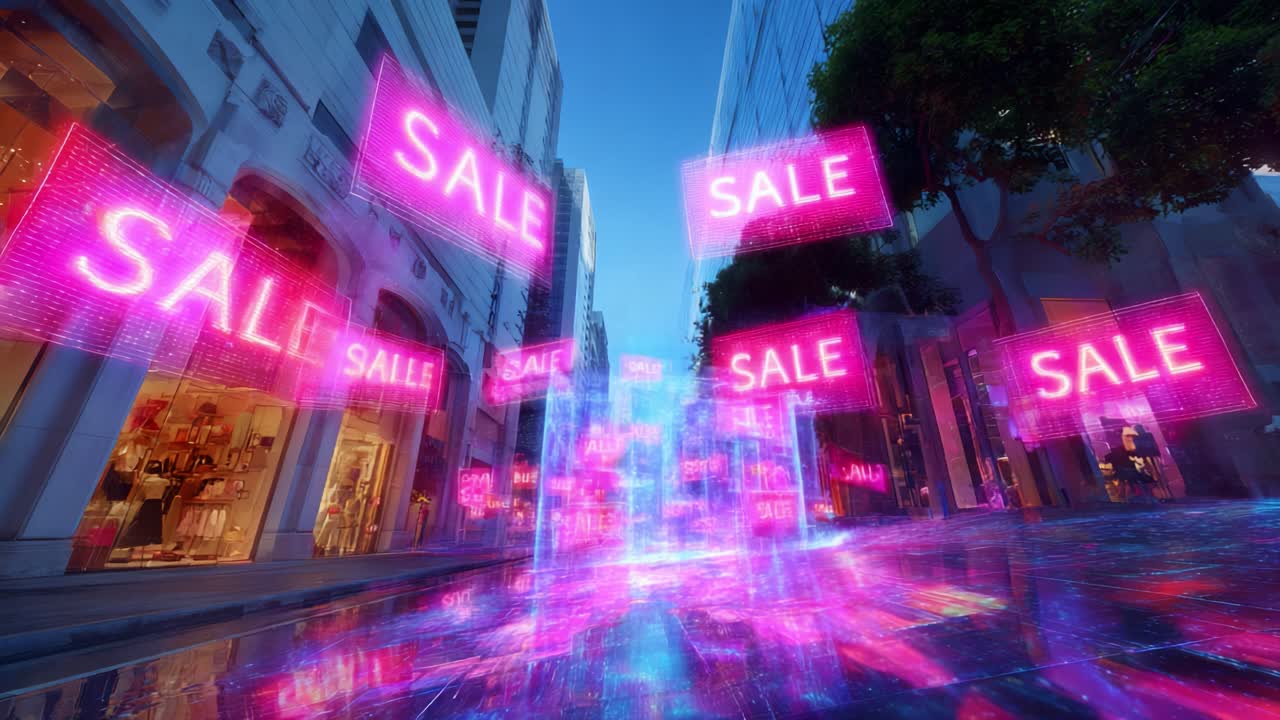 A Vibrant Shopping Street Transformed by Colorful 'Sale' Digital Displays, Creating an Inviting and Energetic Atmosphere Perfect for Shoppers in an Urban Environment