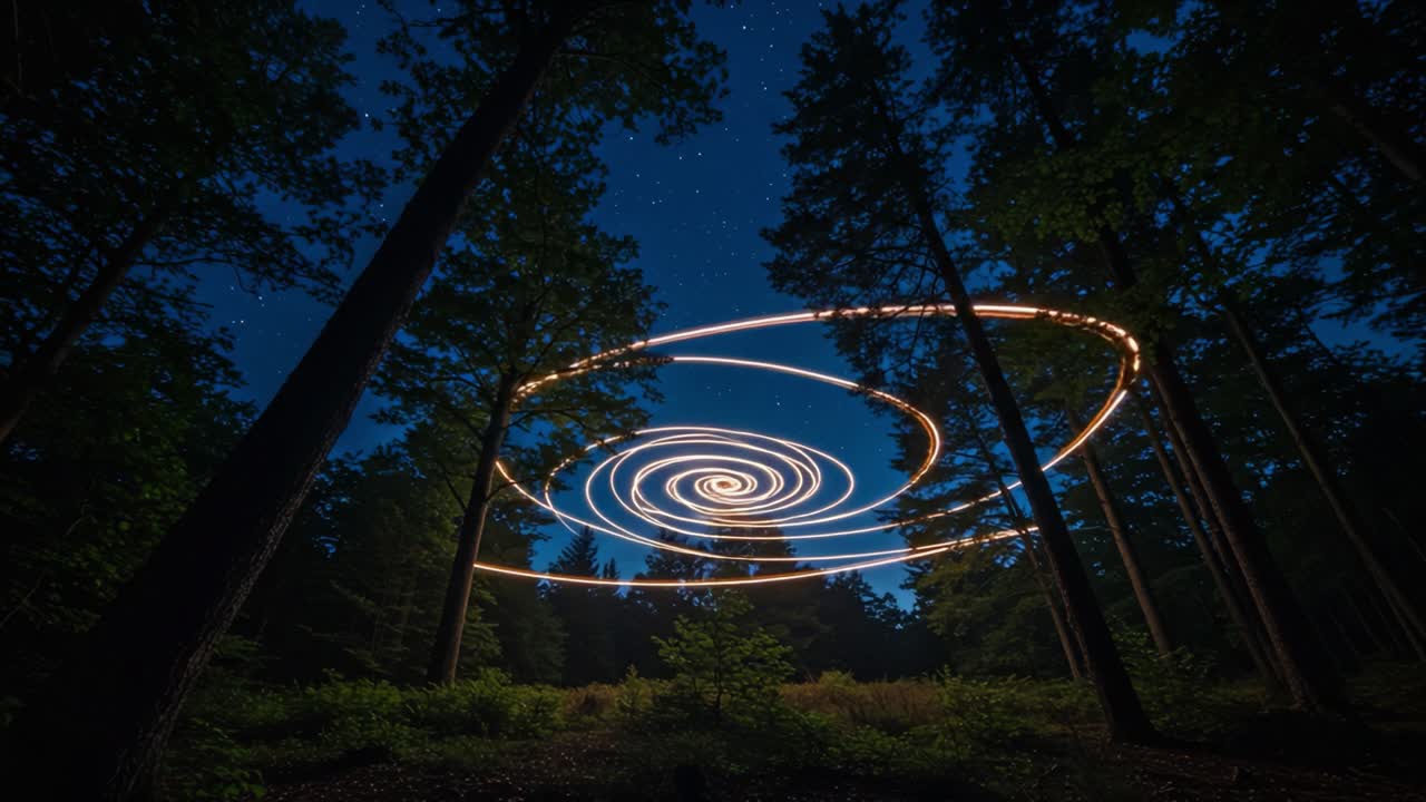 A Captivating Nighttime Showcase of Light Trails Forming a Spiral in a Forest Theater Under a Starry Sky, Blending Nature’s Beauty with Artistic Expression
