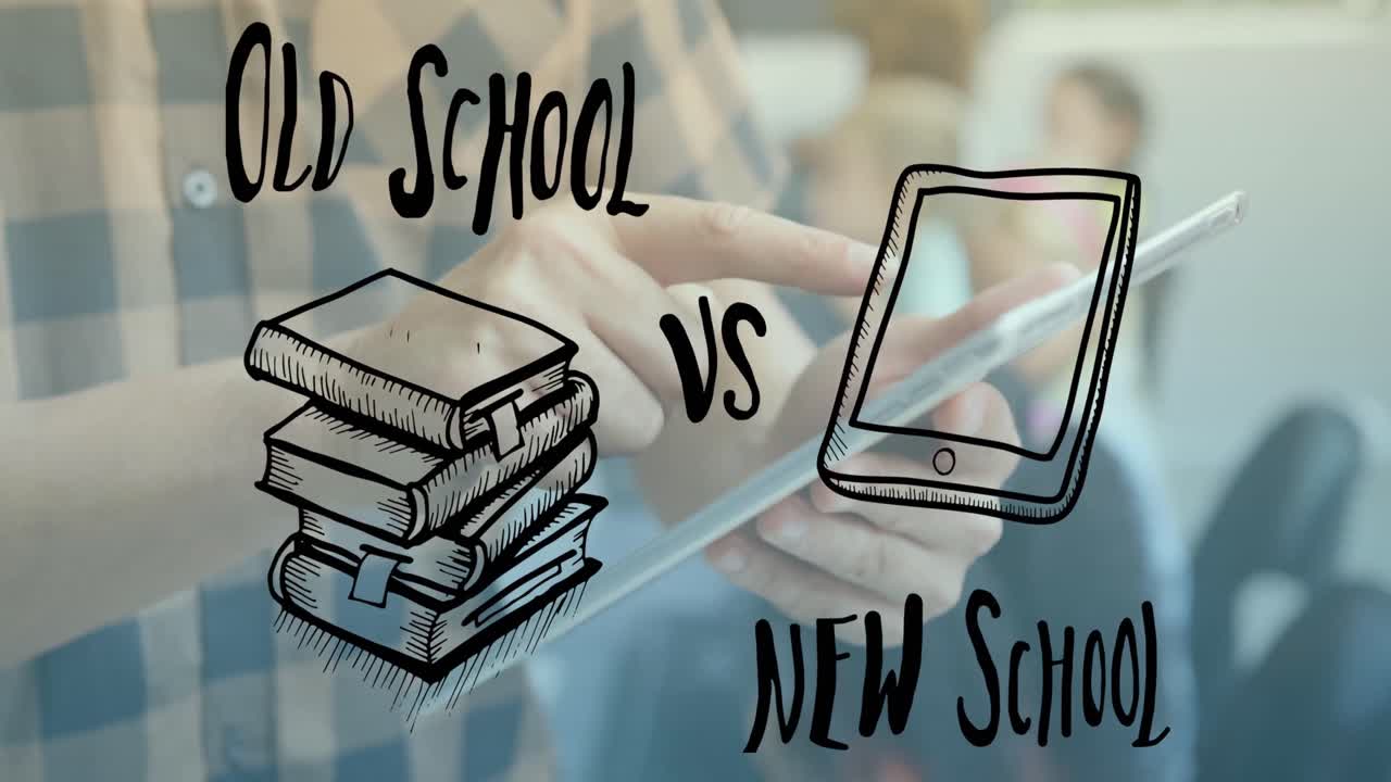 태블릿을 사용하는 백인 소년에 대한 학교 아이콘과 텍스트의 애니메이션