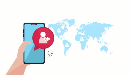 mano usando el teléfono inteligente con animación de marketing de redes sociales