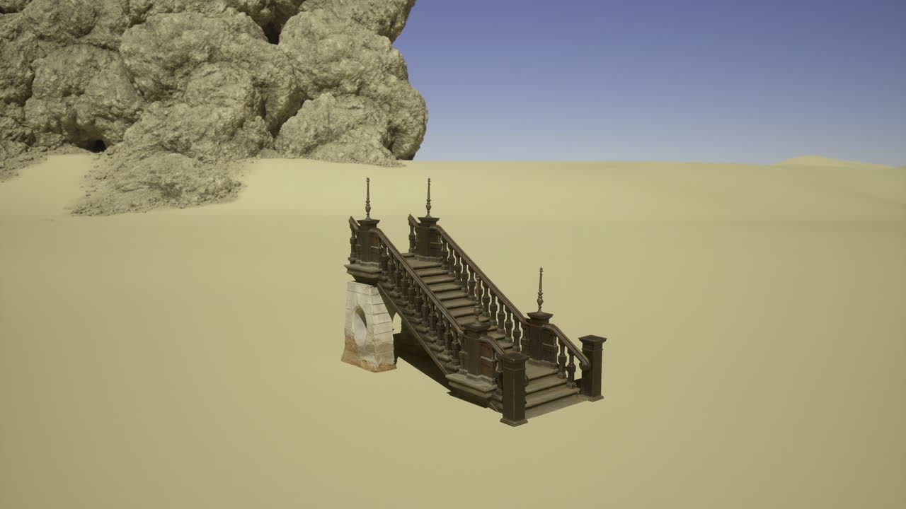 Staircase leading to nowhere in a vast desert landscape with clear sky